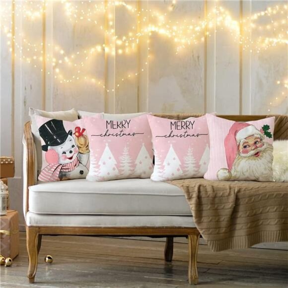 Set of 4 Pink Christmas Pillow Covers, 18x18,‎ Santa, Snowman, Snowflake & Tree - Picture 2 of 7